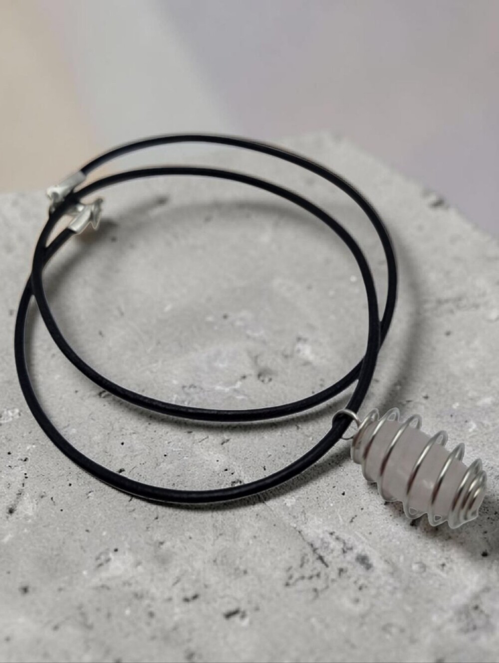 Handmade Clear Quartz Stone Pendant in Silver Spiral Cage Necklace
